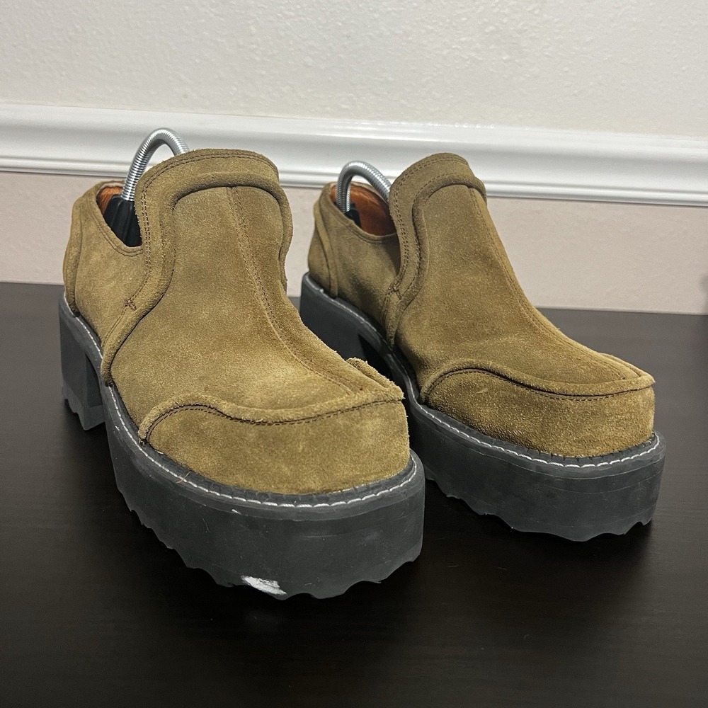 John Fluevog Men's‎ Brown Square Toe Platform Chunky Heel Shoes Size 10 Suede - Picture 7 of 15